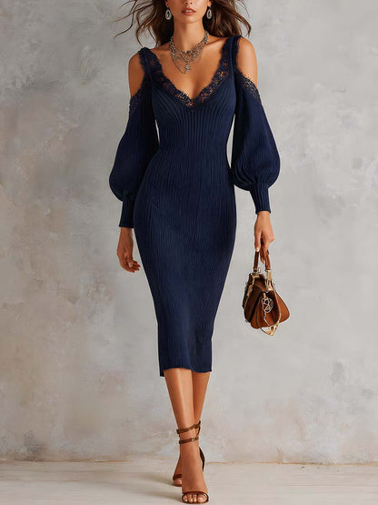 Retro Cold-shoulder Ribbed Knit Midi Dress