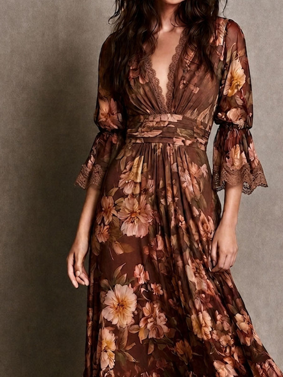 Vintage Floral Lace Trim V-Neck Bell Sleeve Waisted Midi Dress
