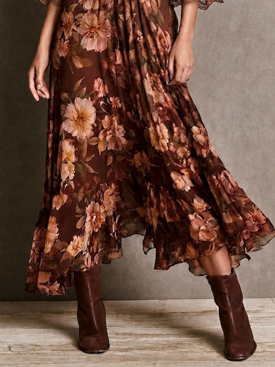 Vintage Floral Lace Trim V-Neck Bell Sleeve Waisted Midi Dress