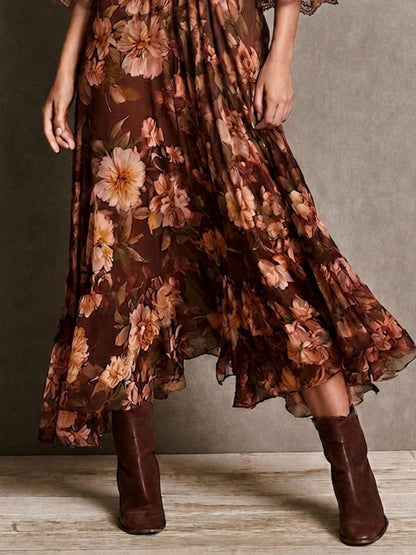 Vintage Floral Lace Trim V-Neck Bell Sleeve Waisted Midi Dress