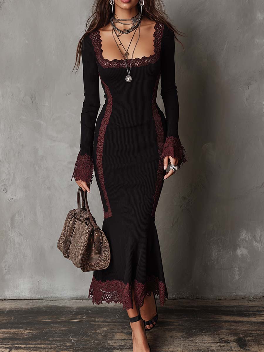 Retro Contrasting Lace Trim Knit Midi Dress