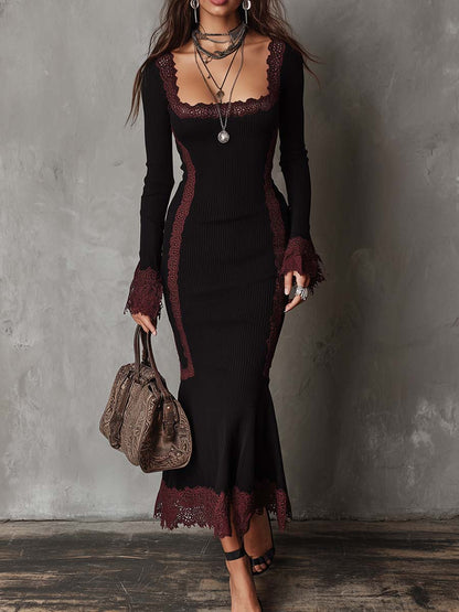 Retro Contrasting Lace Trim Knit Midi Dress