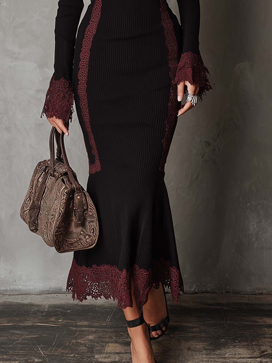 Retro Contrasting Lace Trim Knit Midi Dress