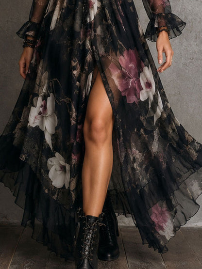 Boho Floral Sheer Sleeve Lace Trim Split Maxi Dress