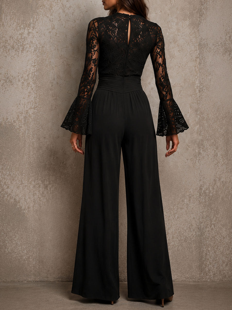 Elegant Lace Bell Sleeve Ruched High Waist Wide Leg Jumpsuit
