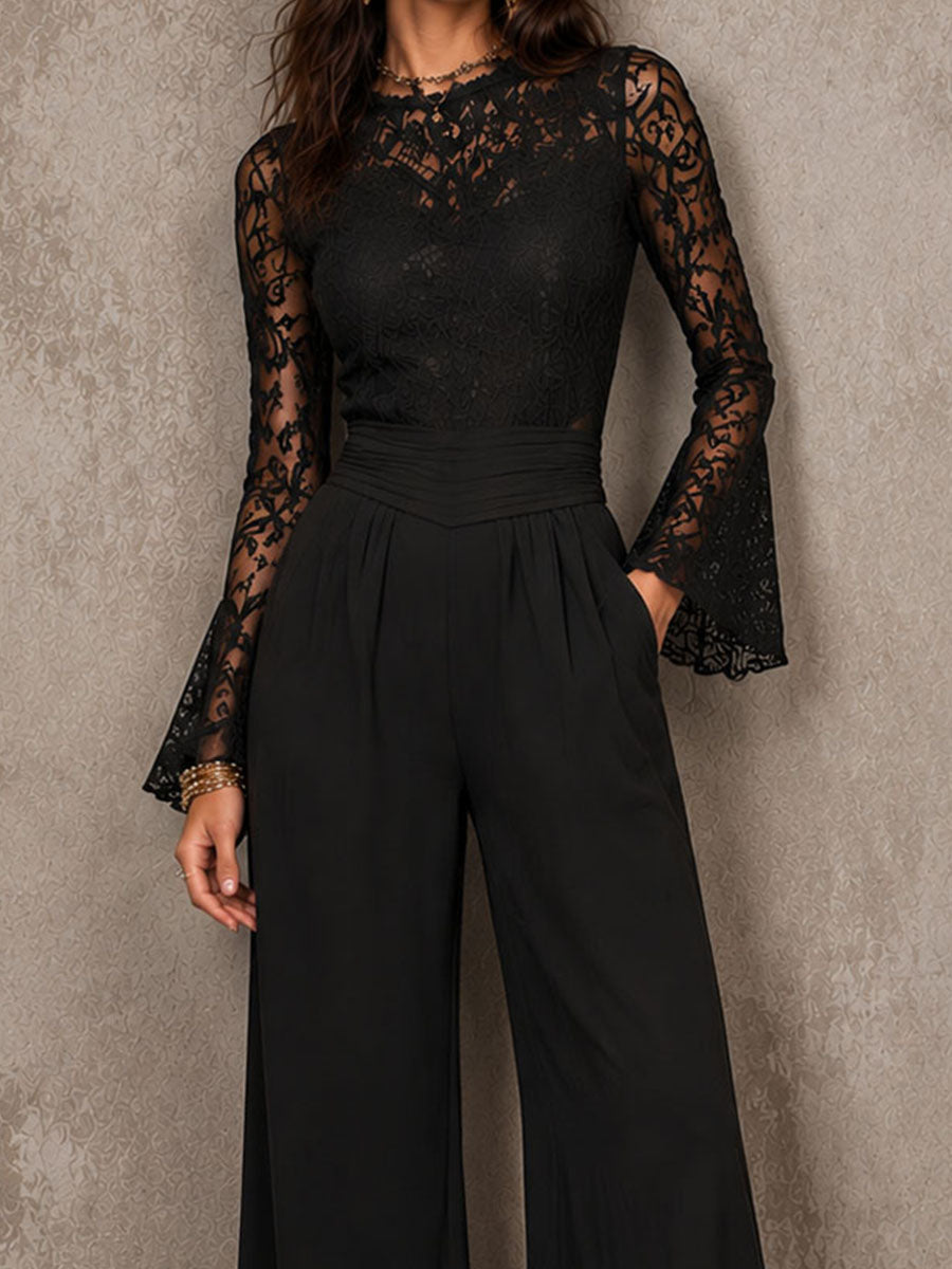 Elegant Lace Bell Sleeve Ruched High Waist Wide Leg Jumpsuit