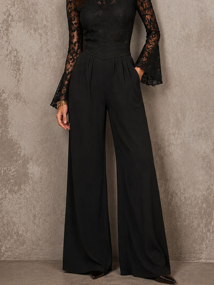 Elegant Lace Bell Sleeve Ruched High Waist Wide Leg Jumpsuit