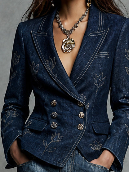 Navy Double-breasted Blazer With Floral Pattern