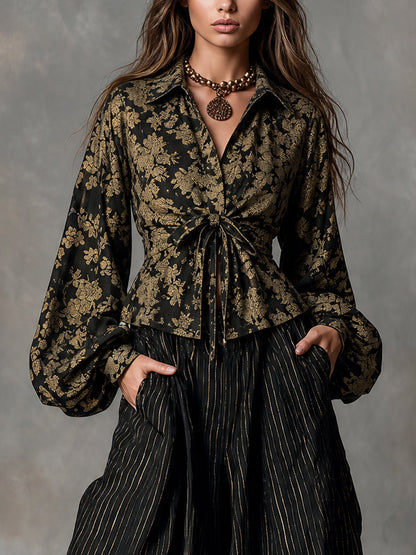 Black Gold Floral Tie-Waist Blouse