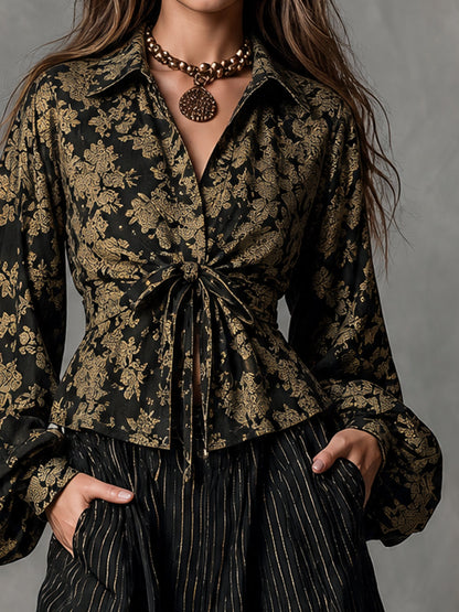 Black Gold Floral Tie-Waist Blouse