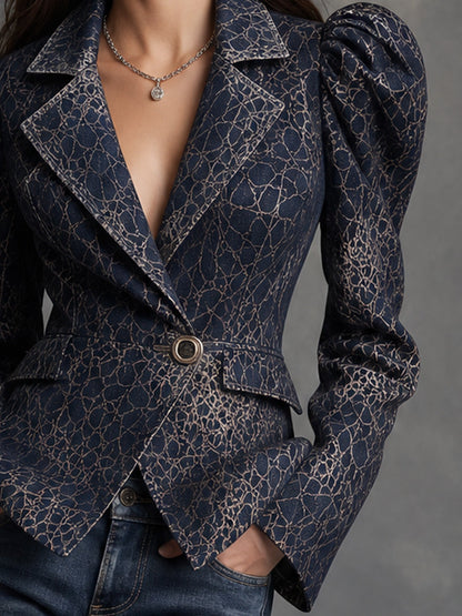 Navy Crackle Print Puff Sleeve Blazer