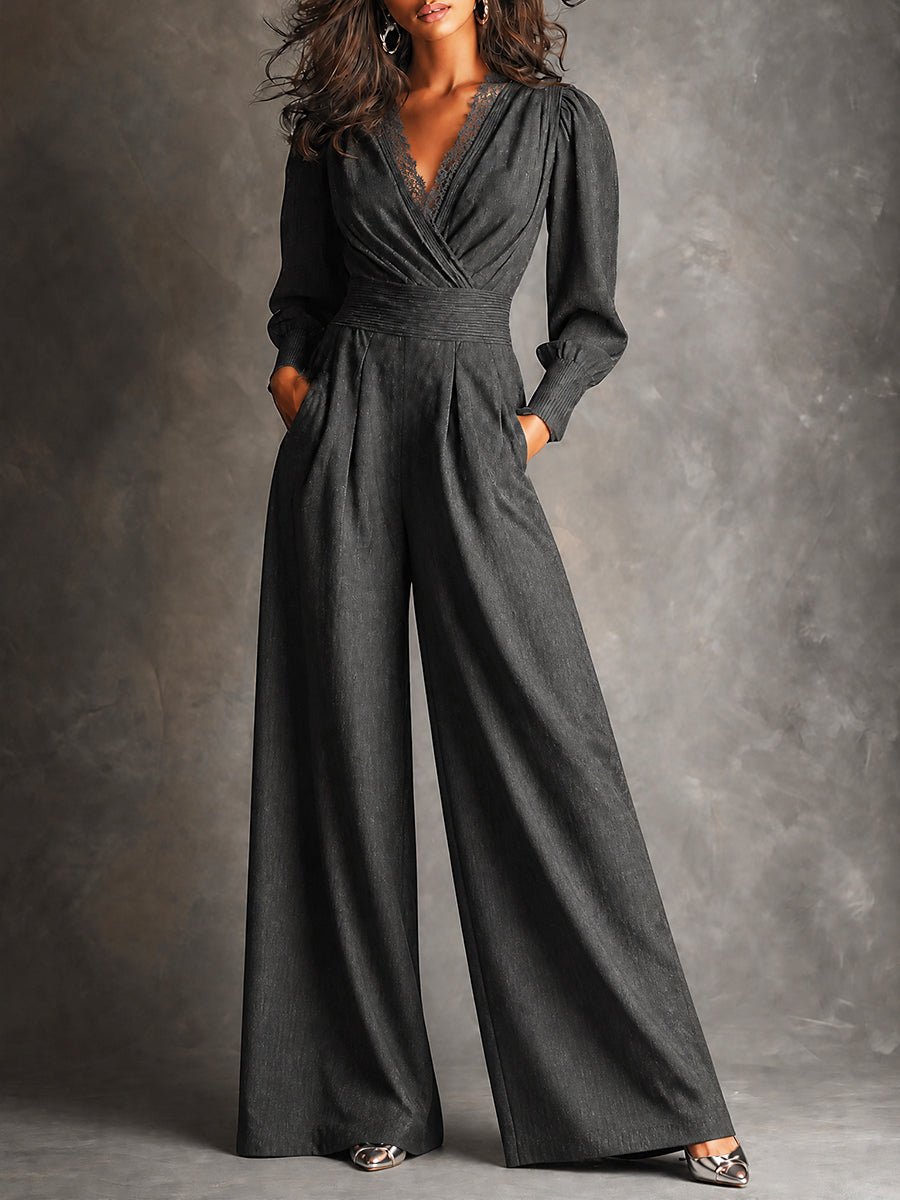 Charcoal Lace Trim Wide-Leg Jumpsuit