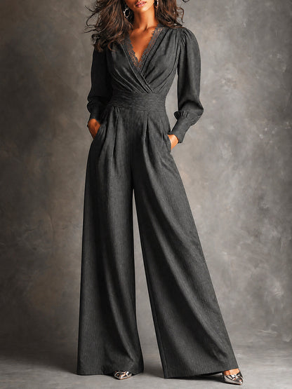 Charcoal Lace Trim Wide-Leg Jumpsuit