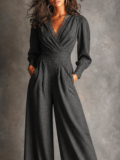 Charcoal Lace Trim Wide-Leg Jumpsuit