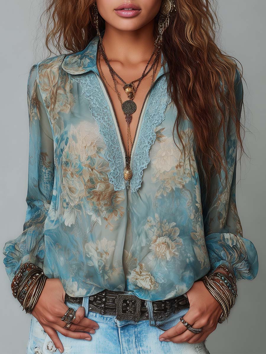Vintage Floral Print Chiffon Lace Trim V-Neck Long Sleeve Blouse