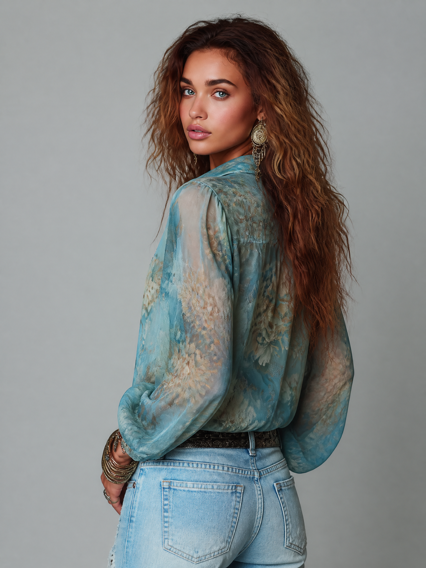 Vintage Floral Print Chiffon Lace Trim V-Neck Long Sleeve Blouse