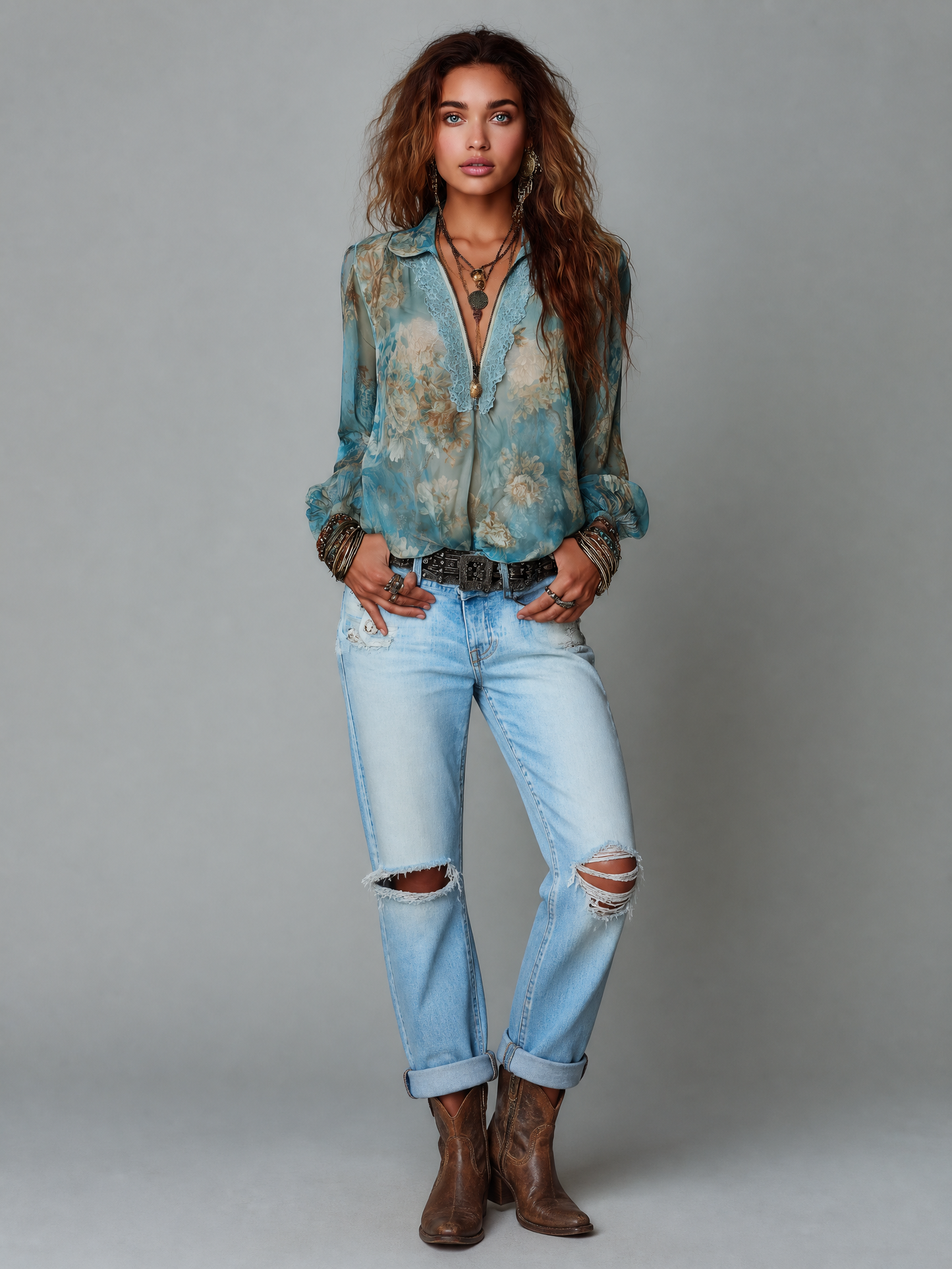 Vintage Floral Print Chiffon Lace Trim V-Neck Long Sleeve Blouse