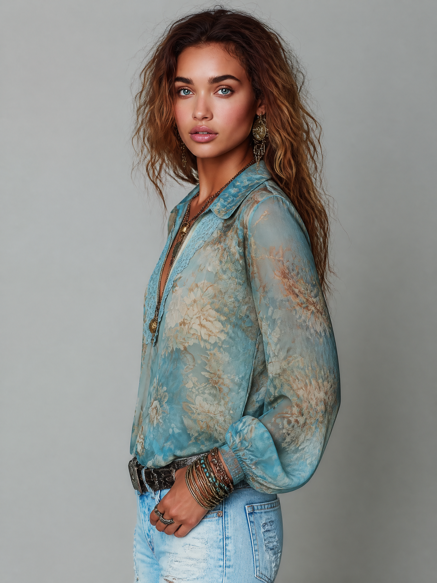Vintage Floral Print Chiffon Lace Trim V-Neck Long Sleeve Blouse