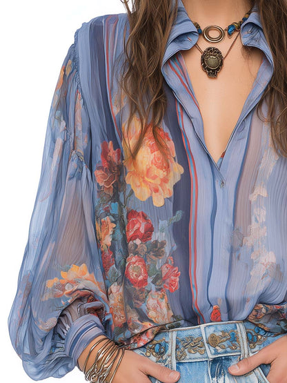 Collared Button Down Puff Long Sleeve Crinkled Sheer Chiffon Vintage Floral Print Blouse