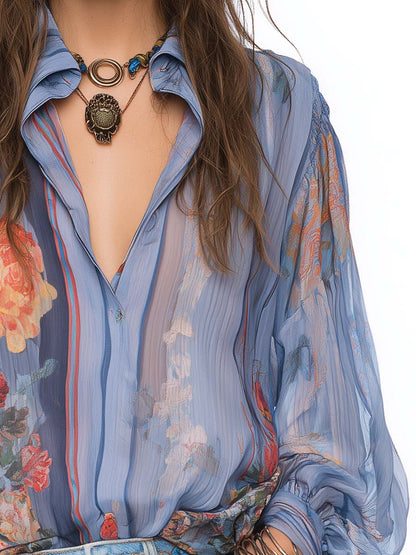 Collared Button Down Puff Long Sleeve Crinkled Sheer Chiffon Vintage Floral Print Blouse