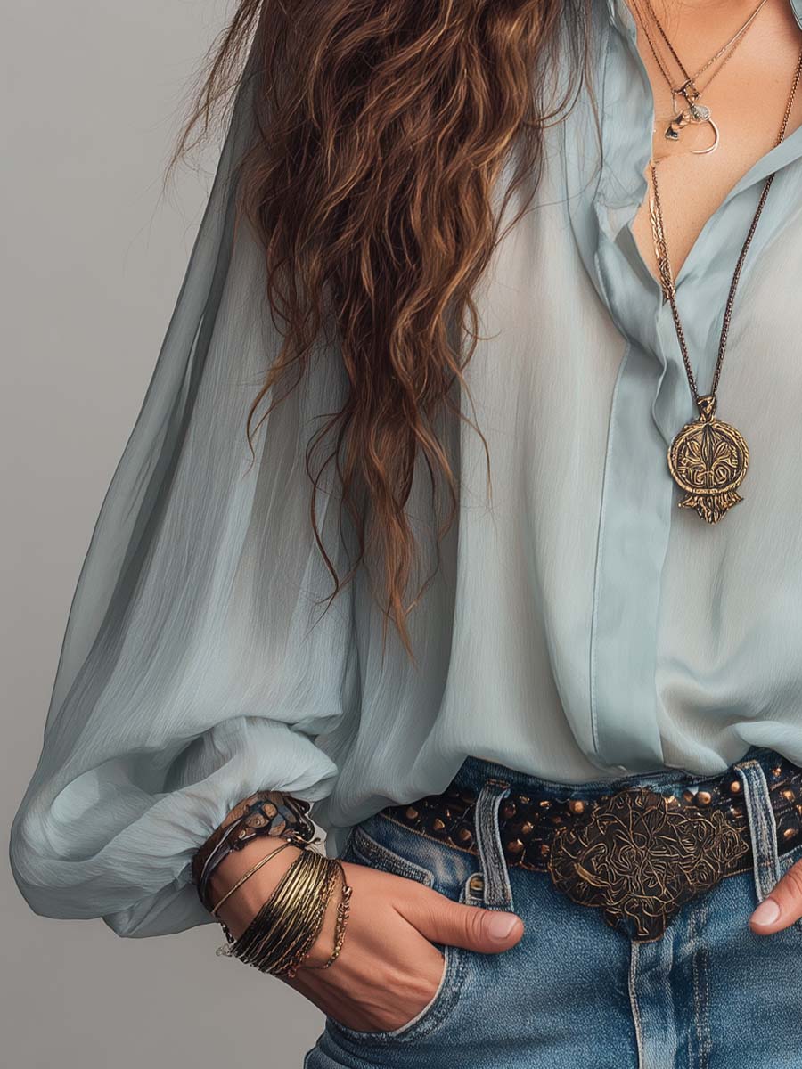 Collared Button Down Lantern Long Sleeve Crinkled Sheer Chiffon Blouse
