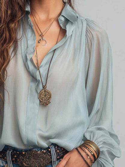 Collared Button Down Lantern Long Sleeve Crinkled Sheer Chiffon Blouse