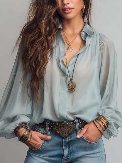 Collared Button Down Lantern Long Sleeve Crinkled Sheer Chiffon Blouse