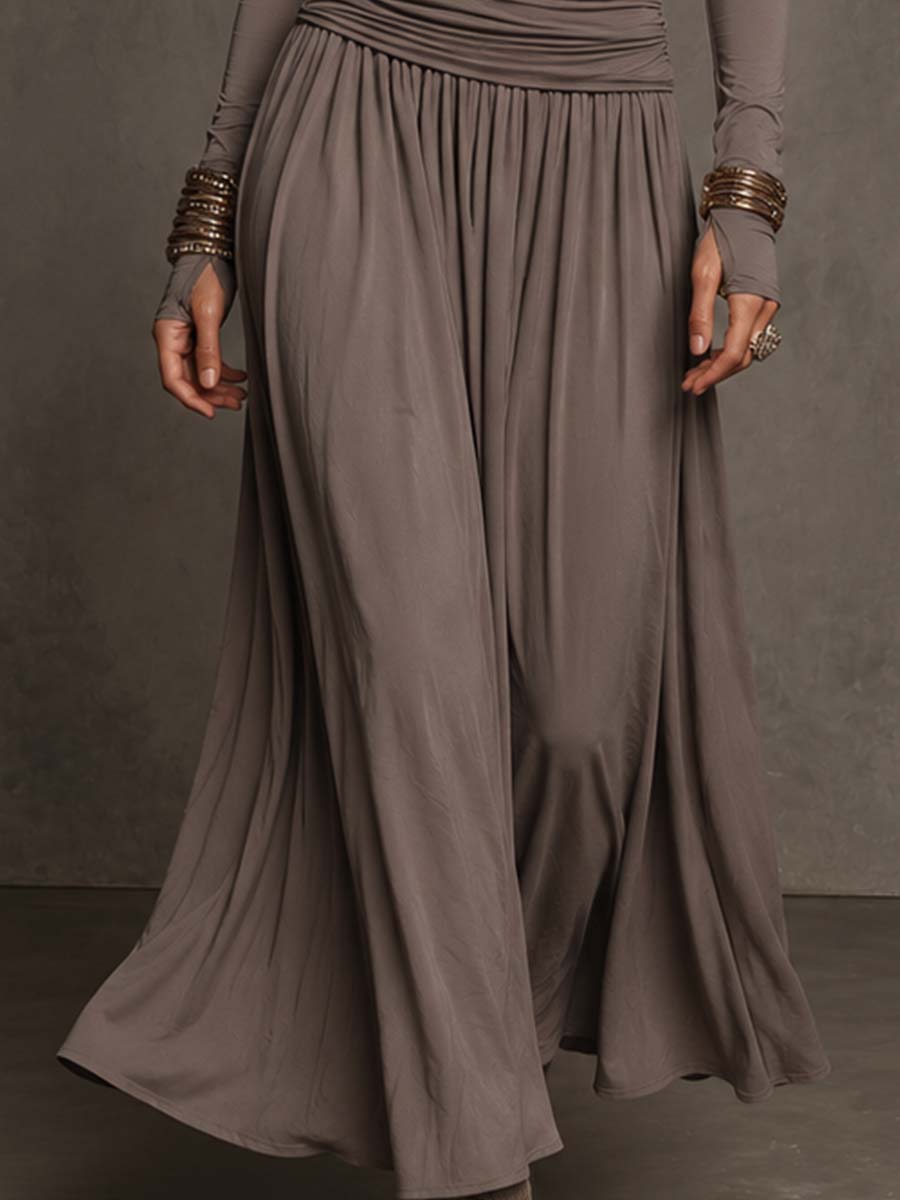 Taupe Stretch Knit Off-The-Shoulder Long Sleeve With Thumb Holes Ruched Bodice Flared Skirt Maxi Dress