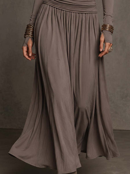 Taupe Stretch Knit Off-The-Shoulder Long Sleeve With Thumb Holes Ruched Bodice Flared Skirt Maxi Dress