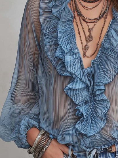 Boho Ruffle Trim V Neck Sheer Pleated Chiffon Long Bubble Sleeve Drawstring Hem Blouse