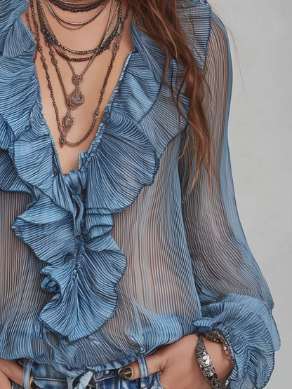 Boho Ruffle Trim V Neck Sheer Pleated Chiffon Long Bubble Sleeve Drawstring Hem Blouse