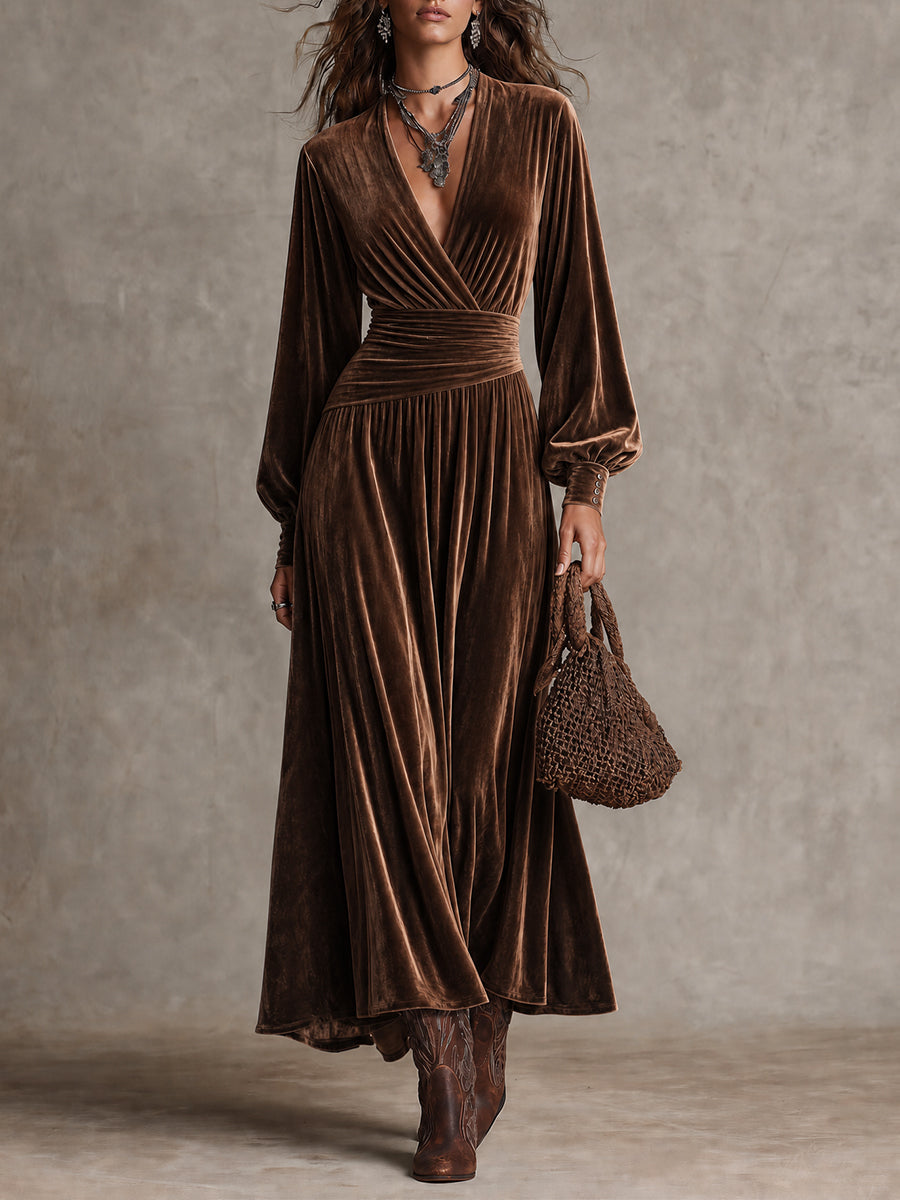Boho Velvet V-Neck Wrap Waist Long Sleeve Maxi Dress
