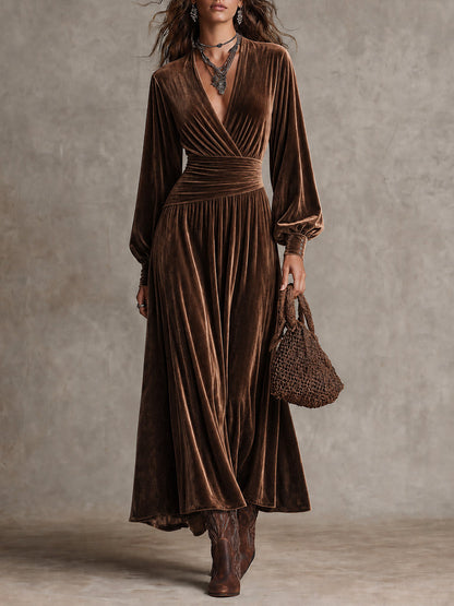 Boho Velvet V-Neck Wrap Waist Long Sleeve Maxi Dress