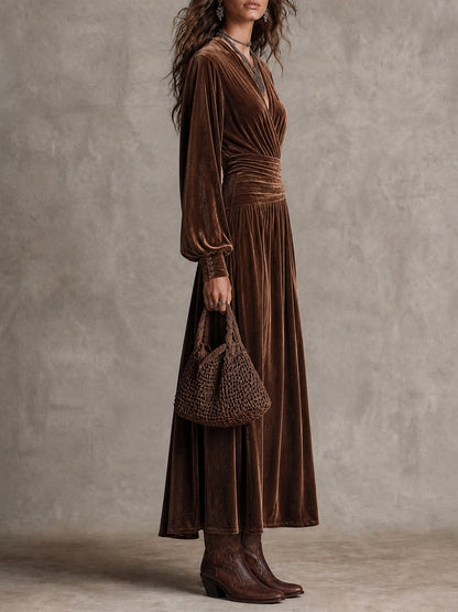 Boho Velvet V-Neck Wrap Waist Long Sleeve Maxi Dress
