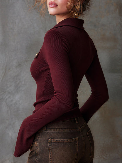 Boho Flared Cuffs Knit Sweater With Chest Pockets