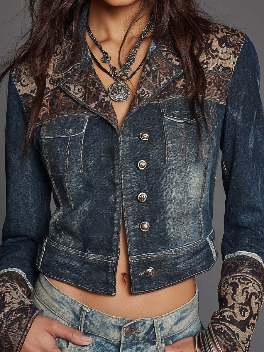 Vintage Lapel Long Sleeve Floral Jacquard Spliced Washed Denim Cropped Jacket