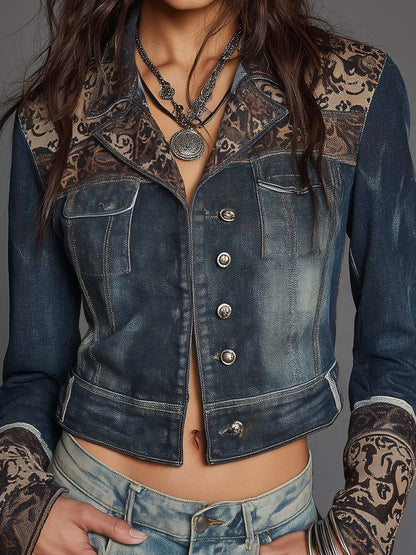 Vintage Lapel Long Sleeve Floral Jacquard Spliced Washed Denim Cropped Jacket