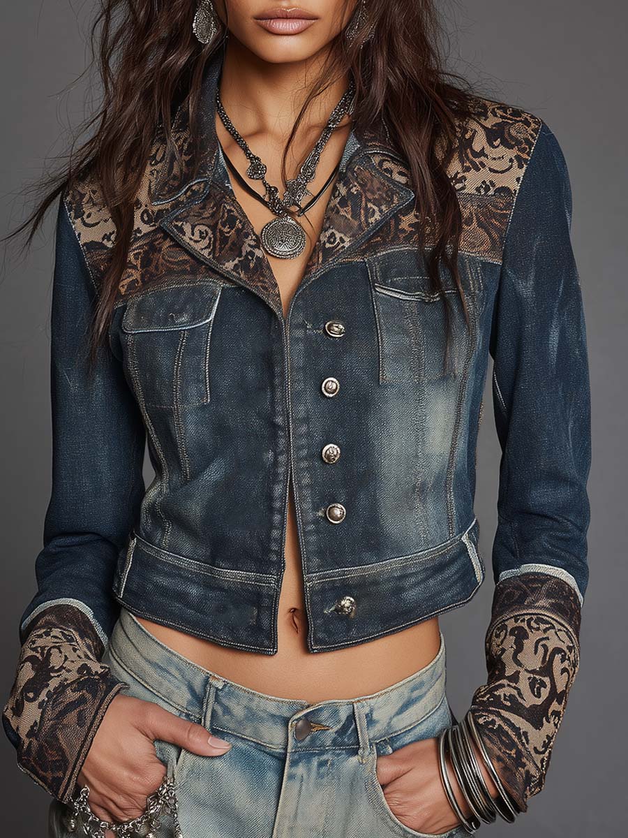 Vintage Lapel Long Sleeve Floral Jacquard Spliced Washed Denim Cropped Jacket