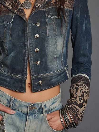 Vintage Lapel Long Sleeve Floral Jacquard Spliced Washed Denim Cropped Jacket