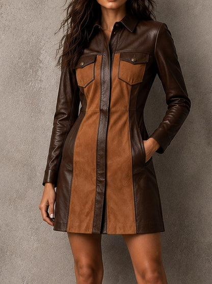 Vintage Brown Patchwork Faux Leather Suede Shirt Mini Dress