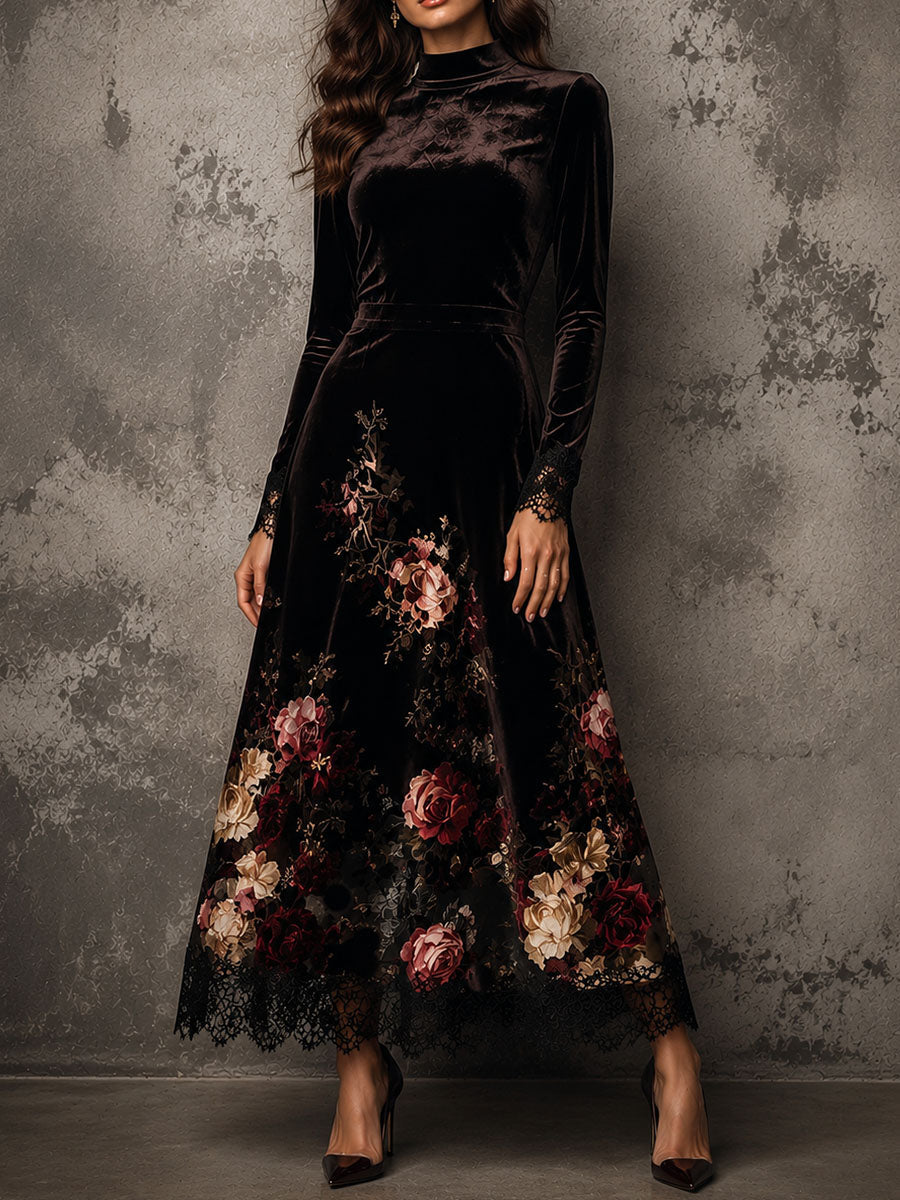 Elegant Floral Velvet Lace Hem Stand Collar Flare MaxiDress