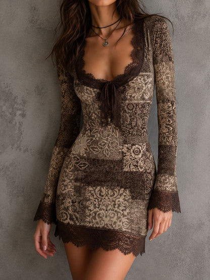 Retro Patchwork Floral Print Lace Edge Mini Dress