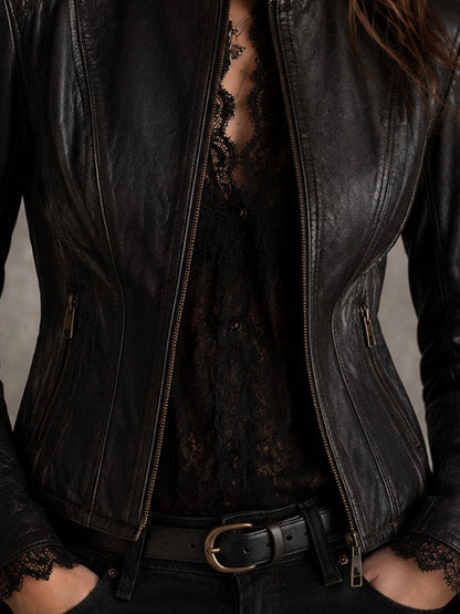 Retro Black Stand Collar Zipper Cropped Faux Leather Coat