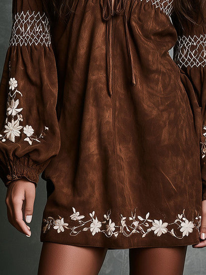 Western Boho White Flower Embroidered Microsuede Mini Dress