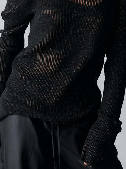 Black Shimmer Sheer Ribbed Knit Asymmetric Off Shoulder Double Thin Strap See Through Knit Blouse