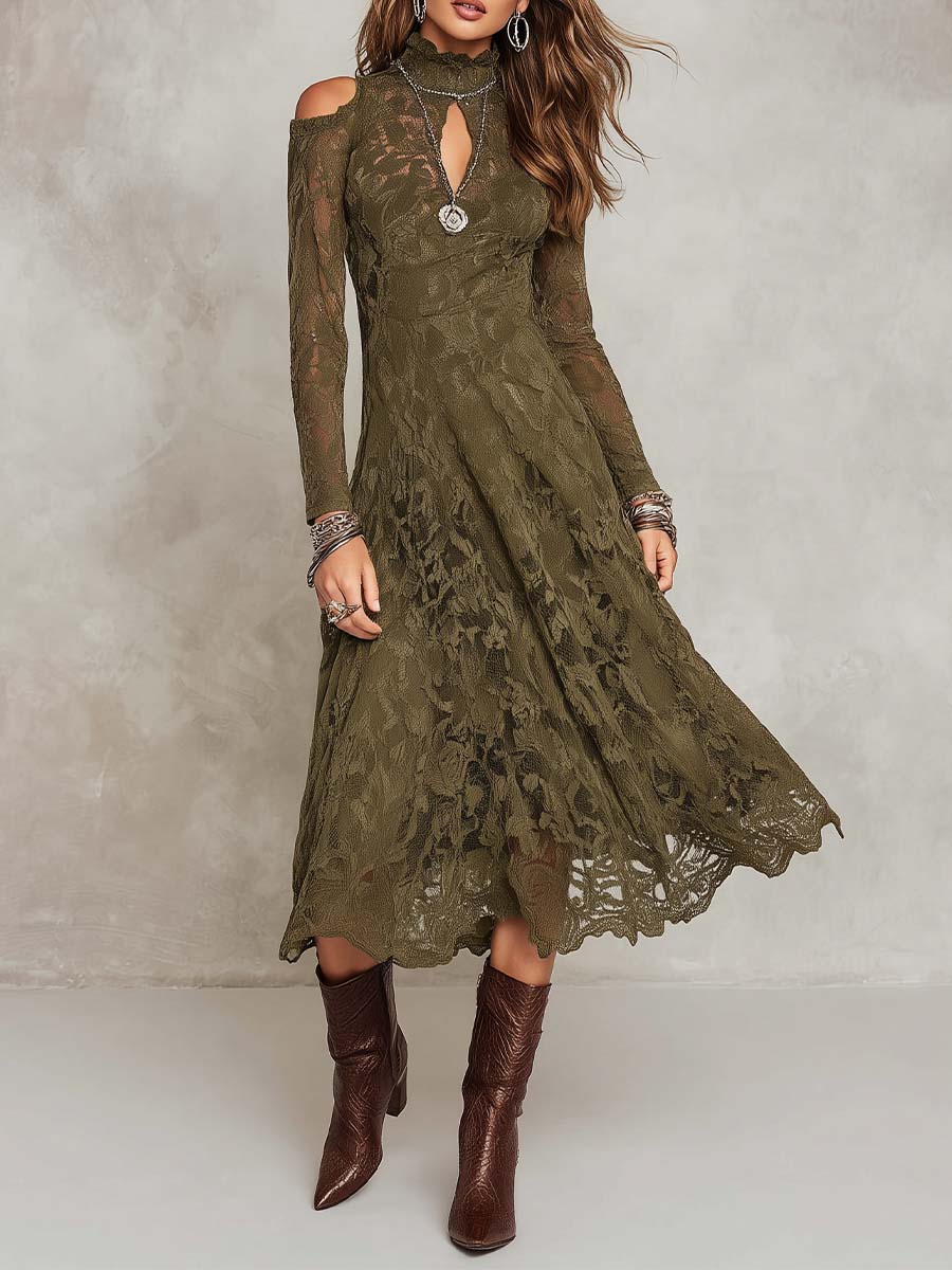 Boho Mock Neck Keyhole Cutout Cold Shoulder Long Sleeve Floral Lace Midi Dress