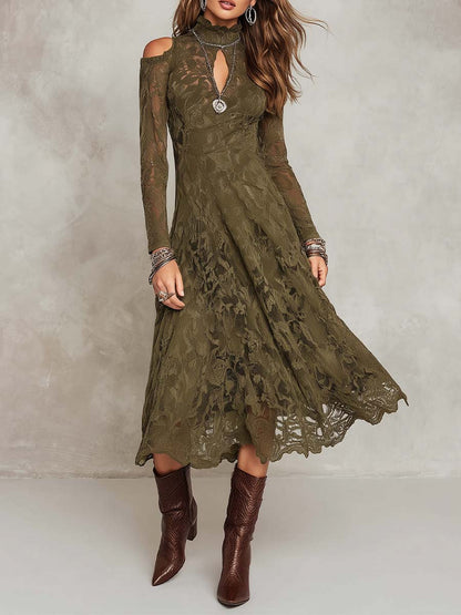 Boho Mock Neck Keyhole Cutout Cold Shoulder Long Sleeve Floral Lace Midi Dress