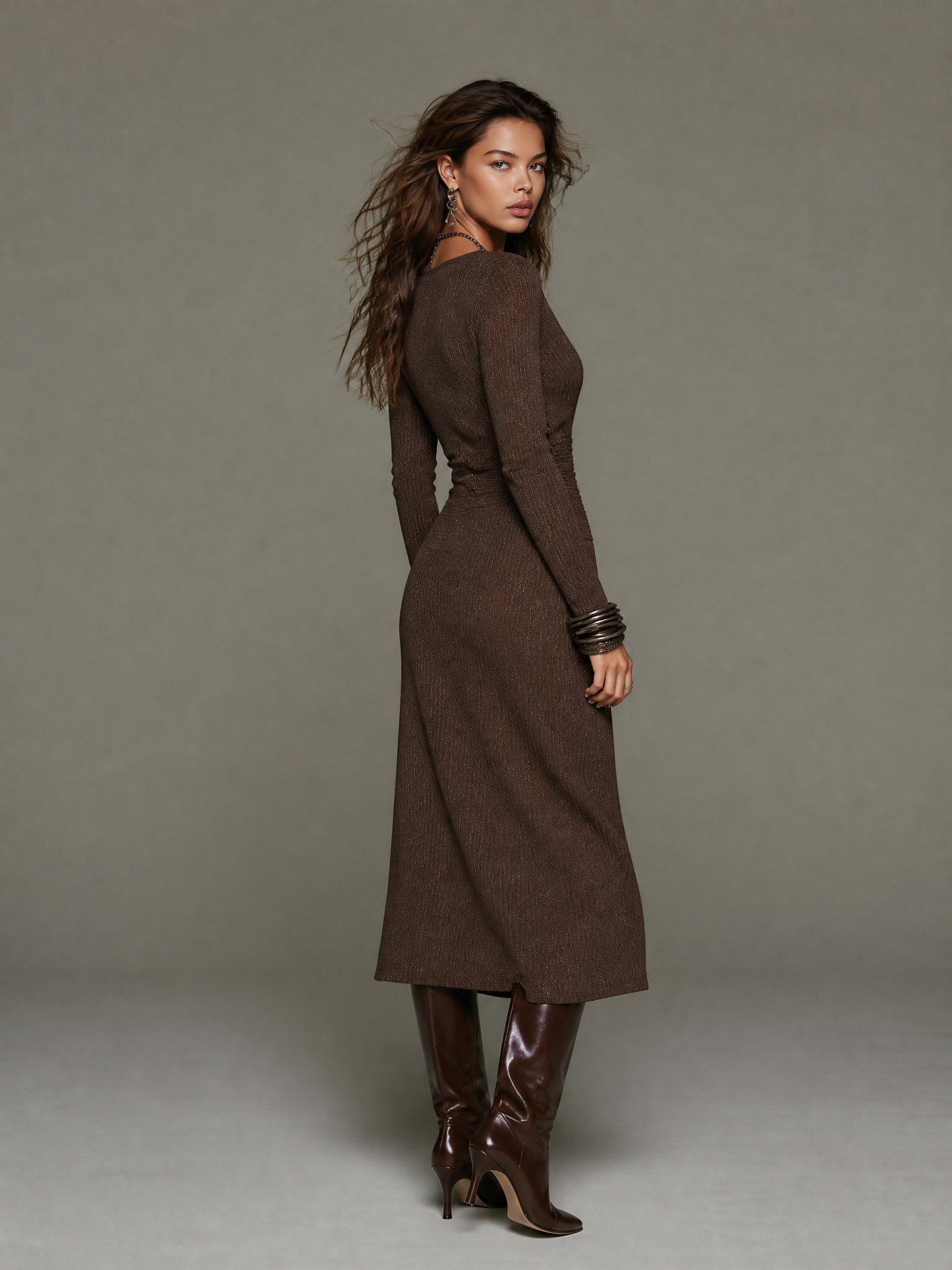 Vintage Dark Brown Shimmer Ribbed Knit Wrap Ruched Waist Front Split Midi Dress