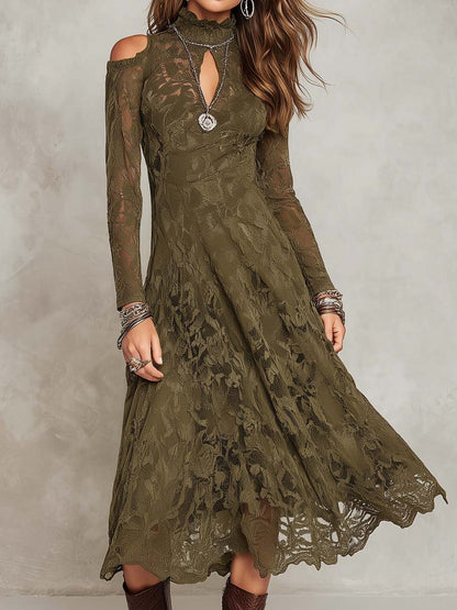 Boho Mock Neck Keyhole Cutout Cold Shoulder Long Sleeve Floral Lace Midi Dress