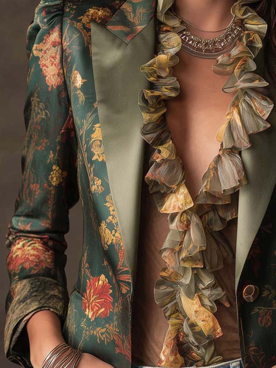 Vintage Dark Green Floral Satin Blazer Contrast Sage Lapel Puffed Shoulder Slim Fit Single Breasted Jacket